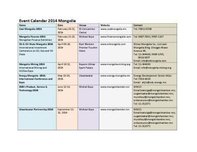 Event Calendar 2014 Mongolia Name Coal Mongolia 2014 Date February 20-21,