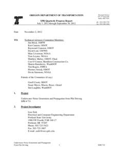 -  OREGON DEPARTMENT OF TRANSPORTATION SPR Quarterly Progress Report July 1, 2012 through September 30, 2012