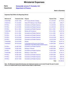 Ministerial Expenses Name Department Honourable Jerome P. Kennedy, Q.C Department of Finance