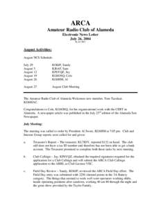 ARCA Amateur Radio Club of Alameda Electronic News Letter July 26, 2004 By KL7IDY