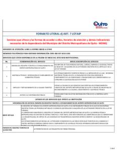 FORMATO LITERAL d) ART. 7 LOTAIP Servicios que ofrece y las formas de acceder a ellos, horarios de atención y demás indicaciones necesarias de la dependencia del Municipio del Distrito Metropolitano de Quito - MDMQ HOR