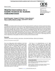 research-article2015 PSSXXX10.1177/0956797615571017Paunesku et al.A Scalable Intervention for Academic Underachievement  Psychological Science OnlineFirst, published on April 10, 2015 as doi: