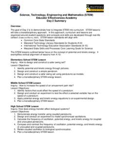 Science, Technology, Engineering and Mathematics (STEM) Educator Effectiveness Academy Day 2 Summary Overview: The goal of Day 2 is to demonstrate how to integrate STEM into curriculum. STEM lessons will take a transdisc