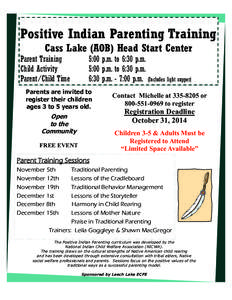 Positive Indian Parenting Training Cass Lake (AOB) Head Start Center Parent Training Child Activity Parent/Child Time