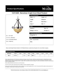 13411AIOI - Barcelona 3-Light Invert Bowl Pendant   Fixture Dimensions   Width: 21.0