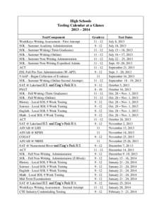 High Schools Testing Calendar at a Glance 2013 – 2014 Test/Component WorkKeys Writing Assessment - First Attempt SOL - Summer Academy Administration