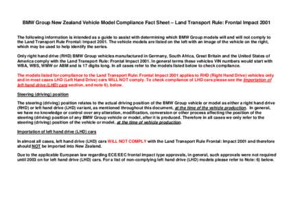 BMW Group New Zealand Vehicle Model Compliance Fact Sheet – Land Transport Rule: Frontal Impact 2001 The following information is intended as a guide to assist with determining which BMW Group models will and will not 