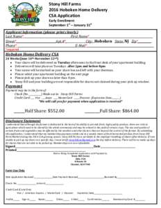 Stony Hill Farms 2016 Hoboken Home Delivery CSA Application Early Enrollment September 1st – January 31st