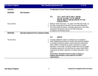 Ohio Board of Regents  Main Operating Appropriations Bill As Reported by House Finance and Appropriations