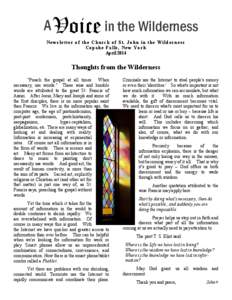 Newsletter of the Church of St. John in the Wilderness Copake Falls, New York April 2014 Thoughts from the Wilderness 