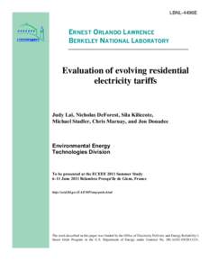 LBNL-4496E  ERNEST ORLANDO LAWRENCE BERKELEY NATIONAL LABORATORY  Evaluation of evolving residential