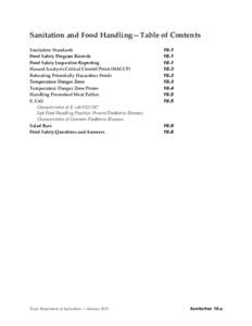 Sanitation and Food Handling—Table of Contents Sanitation Standards Food Safety Program Records Food Safety Inspection Reporting Hazard Analysis Critical Control Point (HACCP) Reheating Potentially Hazardous Foods