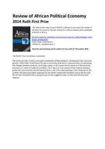 Review of African Political Economy 2014 Ruth First Prize The Editorial Working Group of RoAPE is pleased to announce the winner of the Ruth First prize for the best article by an African-based author published in RoAPE 