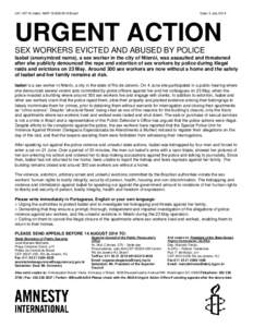 UA: [removed]Index: AMR[removed]Brazil  Date: 3 July 2014 URGENT ACTION SEX WORKERS EVICTED AND ABUSED BY POLICE