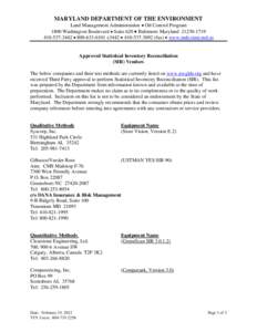 MARYLAND DEPARTMENT OF THE ENVIRONMENT  Land Management Administration  Oil Control Program 1800 Washington Boulevard  Suite 620  Baltimore Maryland  x3442  