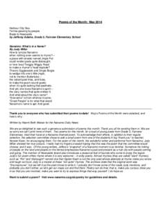 Poems of the Month: May 2014 Harbour City Sea Ferries passing by people Boats to Newcastle by Jefferey Adams, Grade 5, Fairview Elementary School