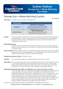 Sydney Harbour  Taronga Zoo + Whale Watching Fact Sheet  Taronga Zoo + Whale Watching Combo