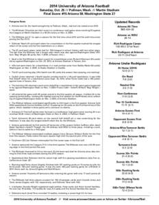 2014 University of Arizona Football  Saturday, Oct[removed]Pullman, Wash. // Martin Stadium Final Score: #15 Arizona 59, Washington State 37 Postgame Notes •	 Arizona won for the fourth-straight trip to Pullman, Wash., 