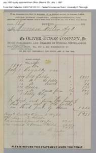 July 1891 royalty statement from Oliver Ditson & Co., July 1, 1891 Foster Hall Collection, CAM.FHC[removed], Center for American Music, University of Pittsburgh. 