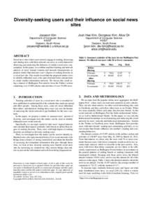 Diversity-seeking users and their influence on social news sites Jooyeon Kim Joon Hee Kim, Dongwoo Kim, Alice Oh