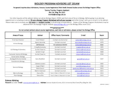 BIOLOGY PROGRAM ADVISORS LIST 2014W For general inquiries about Admissions, Honours, Course Registration/ Wait-lists& Directed Studies contact the Biology Program Office: Tammy Tromba, Program Assistant Biol. Sci. Bldg. 