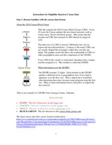 Instructions for Eligibility Based on Census Data Step 1: Become familiar with the census data format About the 2010 Census Block Group This file contains the 2010 Census Block Groups (CBG). Every 10 years the Census upd