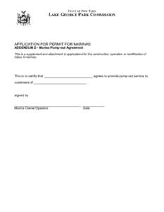 STATE OF NEW YORK  LAKE GEORGE PARK COMMISSION APPLICATION FOR PERMIT FOR MARINAS ADDENDUM D - Marina Pump-out Agreement