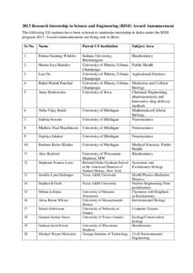 2013 Research Internship in Science and Engineering (RISE) Award Announcement The following US students have been selected to undertake internship in India under the RISE programAward communications are being sent