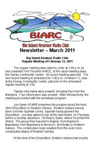 Newsletter – March 2011 Big Island Amateur Radio Club Regular Meeting of February 12, 2011