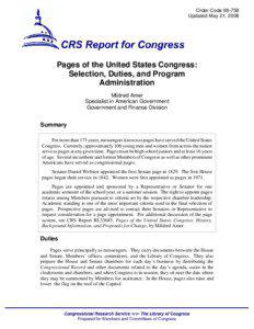 Pages of the United States Congress: Selection, Duties, and Program Administration