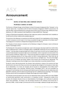 ASX Announcement 17 April 2014 NOTICE OF MEETING AND COMPANY UPDATE PROPOSED CHANGE OF NAME