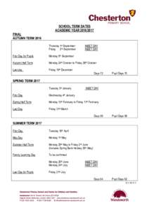 FINAL AUTUMN TERM 2016 SCHOOL TERM DATES ACADEMIC YEAR