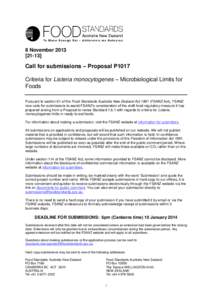 8 November[removed]Call for submissions – Proposal P1017 Criteria for Listeria monocytogenes – Microbiological Limits for Foods