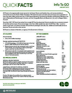 QUICKFACTS  Info To GO JANUARY[removed]GO Transit is the regional public transit service for the Greater Toronto and Hamilton Area, with routes extending to