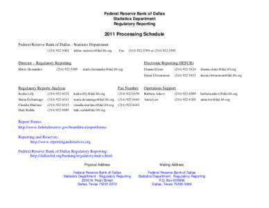 2011 External Processing Schedule - Banking Supervision, regulatory reports div. - FRB Dallas