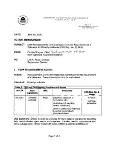 Inert Reassessments:  One Exemption from the Requirement of a Tolerance for Dimethyl Sulfoxide (CAS Reg. No[removed]), US EPA, OPP