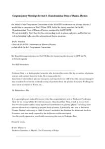 Congratulatory Wordings for 2nd S. Chandrasekhar Prize of Plasma Physics 　　 ---------------------------------------------------------------------------------------------- 　 On behalf of the Programme Committee of t