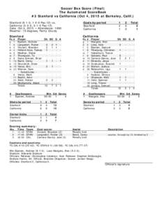 Soccer Box Score (Final) The Automated ScoreBook #3 Stanford vs California (Oct 4, 2015 at Berkeley, Calif.) Stanford, 1-0-0 Pac-12) vs. California, 0-1-0 Pac-12) Date: Oct 4, 2015 • Attendance: 1690