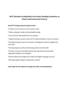     BCTF Education Funding Brief to the Select Standing Committee on  Finance and Government Services   