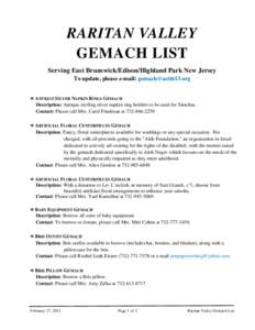 RARITAN VALLEY GEMACH LIST Serving East Brunswick/Edison/Highland Park New Jersey