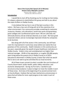 State of the County 2015 SpeechMinutes) Kiwanis Club of Memphis Luncheon February 4, 2015, 12:00 p.m. – 1:00 p.m. University Club, 1340 Central Avenue  Introduction