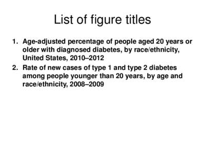 List of figure titles 1. Age-adjusted percentage of people aged 20 years or older with diagnosed diabetes, by race/ethnicity, United States, 2010–[removed]Rate of new cases of type 1 and type 2 diabetes among people you