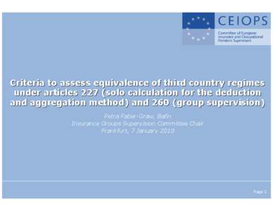 Criteria to assess equivalence of third country regimes under articles 227 (solo calculation for the deduction and aggregation method) and 260 (group supervision) Petra Faber-Graw, Bafin Insurance Groups Supervision Comm