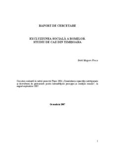 RAPORT DE CERCETARE  EXCLUZIUNEA SOCIALĂ A ROMILOR. STUDIU DE CAZ DIN TIMIŞOARA  Enikő Magyari-Vincze