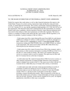 NATIONAL CREDIT UNION ADMINISTRATION WASHINGTON, D.C[removed]LETTER TO CREDIT UNIONS NCUA LETTER NO. 78  DATE: March 28, 1985