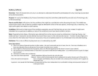 Bradbury, California  Sept 2102 Overview: Chart of characteristics of a city in an attempt to understand the benefits and drawback of a city remaining incorporated versus disincorporation.