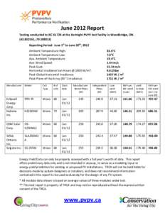 June 2012 Report Testing conducted to IEC[removed]at the Kortright PVPV test facility in Woodbridge, ON[removed],-[removed]Reporting Period: June 1st to June 30th, 2012 Ambient Temperature High: Ambient Temperature Lo