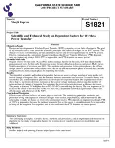 CALIFORNIA STATE SCIENCE FAIR 2014 PROJECT SUMMARY Name(s)  Manjit Ruprem