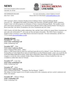 NEWS University of South Carolina Lancaster Lancaster, SC[removed]FOR IMMEDIATE RELEASE Date: Nov 7, 2014