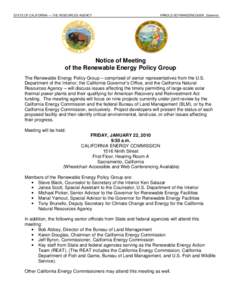 STATE OF CALIFORNIA — THE RESOURCES AGENCY  ARNOLD SCHWARZENEGGER, Governor Notice of Meeting of the Renewable Energy Policy Group